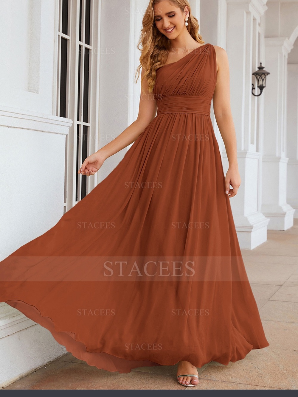 NWT A-line One-Shoulder Chiffon Long Bridesmaid Dress Size 12 Burnt Orange